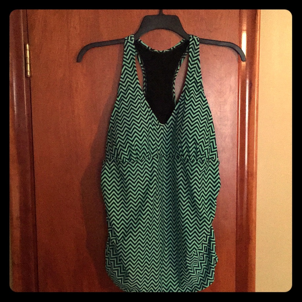 Turquoise and Black Racer-Back Tankini Top